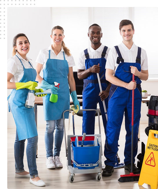 image of cleaners smiling and holding cleaning supplies
